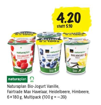Naturaplan Bio-Jogurt Vanille, Fairtrade Max Havelaar, Heidelbeere, Himbeere